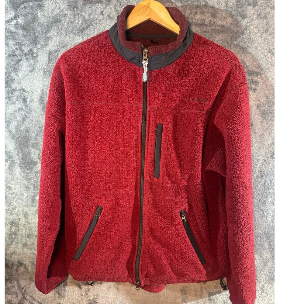 Vtg 90s LL Bean Outdoors Fleece Jacket Mens M Red Waffle Grid Deep Pile USA Made